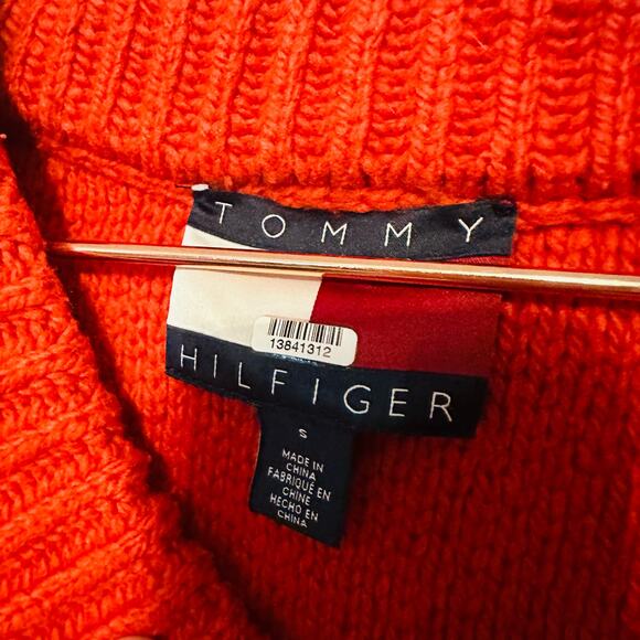 TOMMY HILFIGER Dark Orange Ribbed Knit V-Neck Logo Embroidered Sweater Size S - Picture 5 of 6